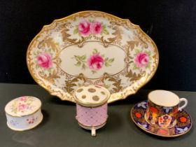 A Wedgwood hand painted shaped oval tray, painted with pink roses; Lynton porcelain coffee can and