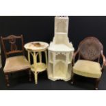 An Edwardian Bergere back salon chair; a mid 20th century painted pine corner display shelving unit;