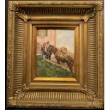 Spanish School Figures and a Donkey indistinctly signed, dated 1923, oil on board, 23cm x 18cm