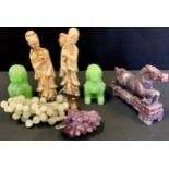 A pair of green stone models, Chi Chi, 8.5cm high; galloping Horse; amethyst grapes; resin figures