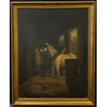 In the Manner of George Morland Grey Horse and Hand in a Stable oil on canvas, 90cm x 70cm