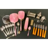 Silver & Plate - an enamelled three piece silver dressing table set, mirror, hair & clothes brushes;