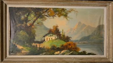 Drouet (French School, 20th century), Alpine Chalet, signed, oil on canvas, 60cm x 120cm.