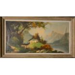 Drouet (French School, 20th century), Alpine Chalet, signed, oil on canvas, 60cm x 120cm.