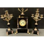 A 19th century French belge noir and marble three piece clock garniture, the clock with cream