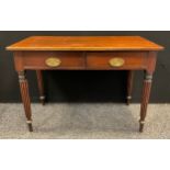 A 19th century oak side table, over sailing top, two frieze drawers, reeded tapering legs, 73.5cm