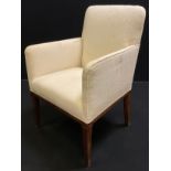An Edwardian salon armchair, tapering square mahogany legs, 84cm tall x 54cm wide. Reupholstered-