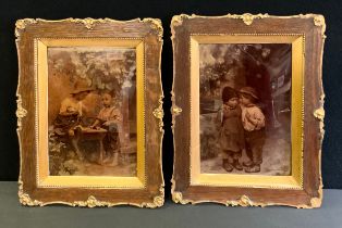 A pair of 19th century crystolea, Children at Play, shaped frames, 24cm x 17cm