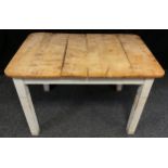 An early 20th century pine kitchen table base, with later burr walnut plank top, 80cm tall x 123cm x