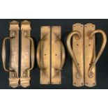 Architectural Salvage - a pair of Art Nouveau brass door pull handles, shaped backing plates,