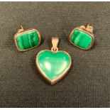 A pair of south African malachite and gold coloured metal rectangular panel earrings; similar