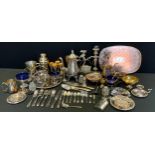 Silver Plate - an Ashberry plate tea set; cocktail shaker; two branch candelabra; flatware etc