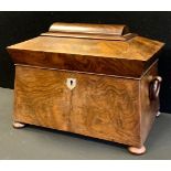 A 19th century Rosewood sarcophagus tea caddy, mother of pearl escutcheon, drop ring loop handles,