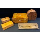 Boxes & Objects - a Victorian inlaid walnut rectangular jewellery box; burr Yew box; leather