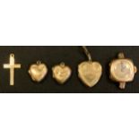 Jewellery & Watches - a 9ct gold watch head, 9ct gold heart locket; 9ct gold cross, 7.9g gross;