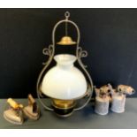 A brass salon/ships oil hanging lantern, opaque glass shade; tools, blow lamps