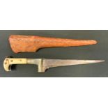 A 19th century Indian knife, shaped blade, bone handle, tooled leather scabbard, 34cm long