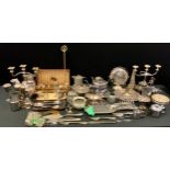 Silver plate & Metalware - a two branch candelabra; another; Art Nouveau epergne; sugar castor tea