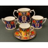 A Derby Ceramic Art Studios Hamilton Imari twin handle loving cup; another smaller; coffee can and