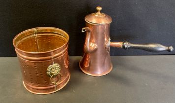 A 19th century Arts and Crafts copper teapot, tapering conical body, heart mount, turned handle;