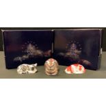 A Royal Crown Derby member pack Paperweight Misty Kitten; another Puppy, both boxed; Sleeping cat,