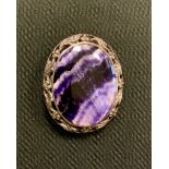 A blue john oval panel brooch, S & Co 925 silver floral mount, 41mm x 35mm overall