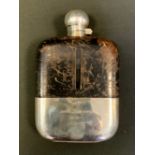 A late Victorian leather and silver mounted glass hip flask, slip cup base, John Alexander Brewer,