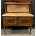 An Edwardian walnut and mahogany washstand, king wood banding, fossil-stine top and back-splash,