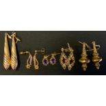 A pair of 9ct gold amethyst drop earrings; others daffodils, torpedo drops, 5.8g gross; others