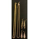 A 9ct gold rope twist necklace; pair of 9ct multitone gold earrings, etc, 17.9g gross