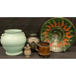 A Langley Art Deco vase; an Art Pottery sack vase; a cockerel dish; a Doulton mustard; a TG Green