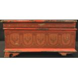 A Persian red lacquered rectangular box and cover, decorated with arched panels and foliate scrolls,