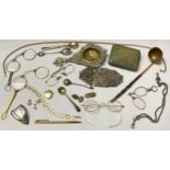 Boxes and Objects - lorgnettes, tea strainer, nurses buckle, cufflinks; a brass toddy ladle; etc