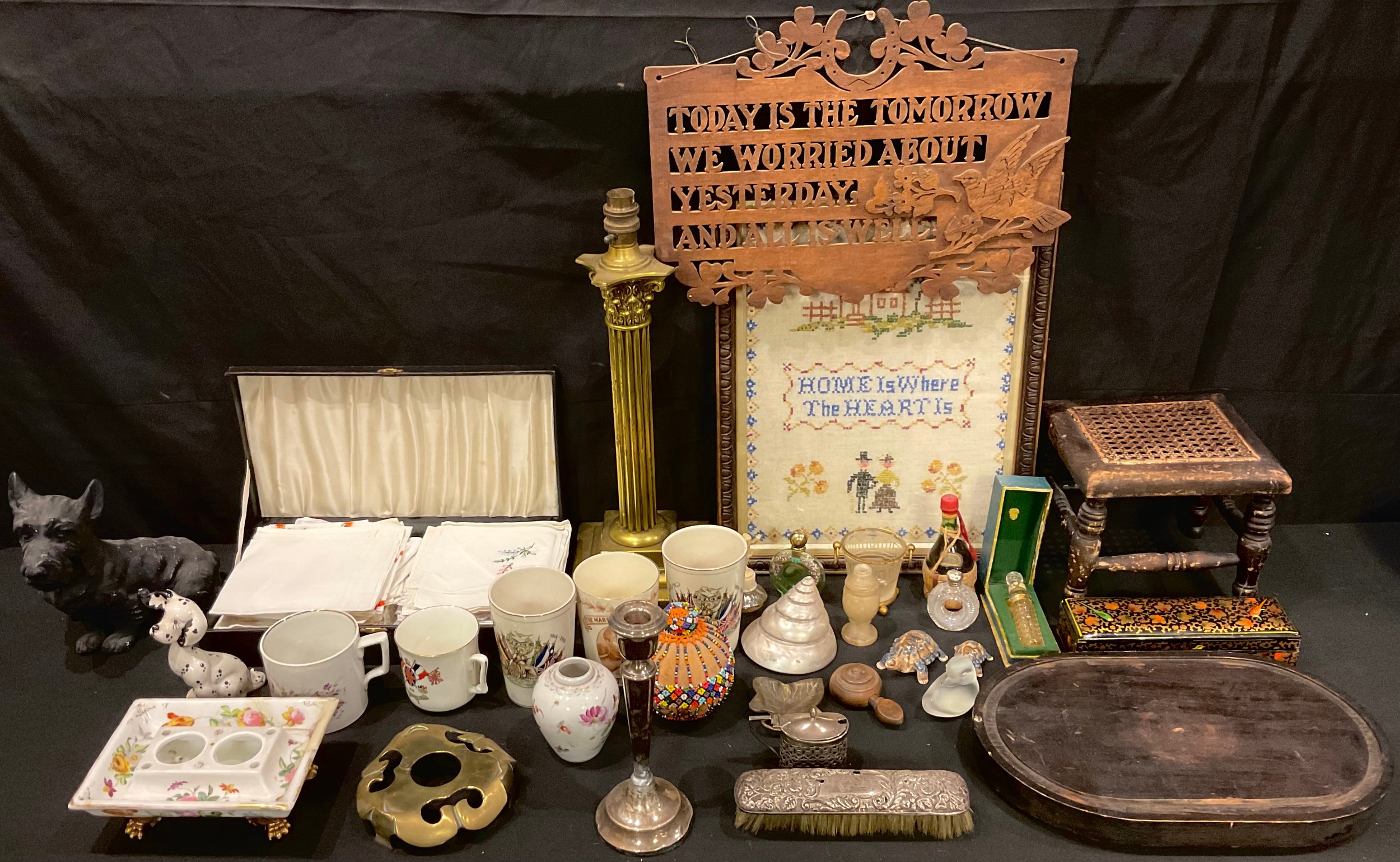 Boxes and Objects - an early 20th century brass table lamp as a Corinthian column; an Edwardian