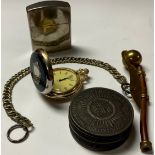 A Panzer division snuff box; a bosun's whistle; a lighter; a pocket watch