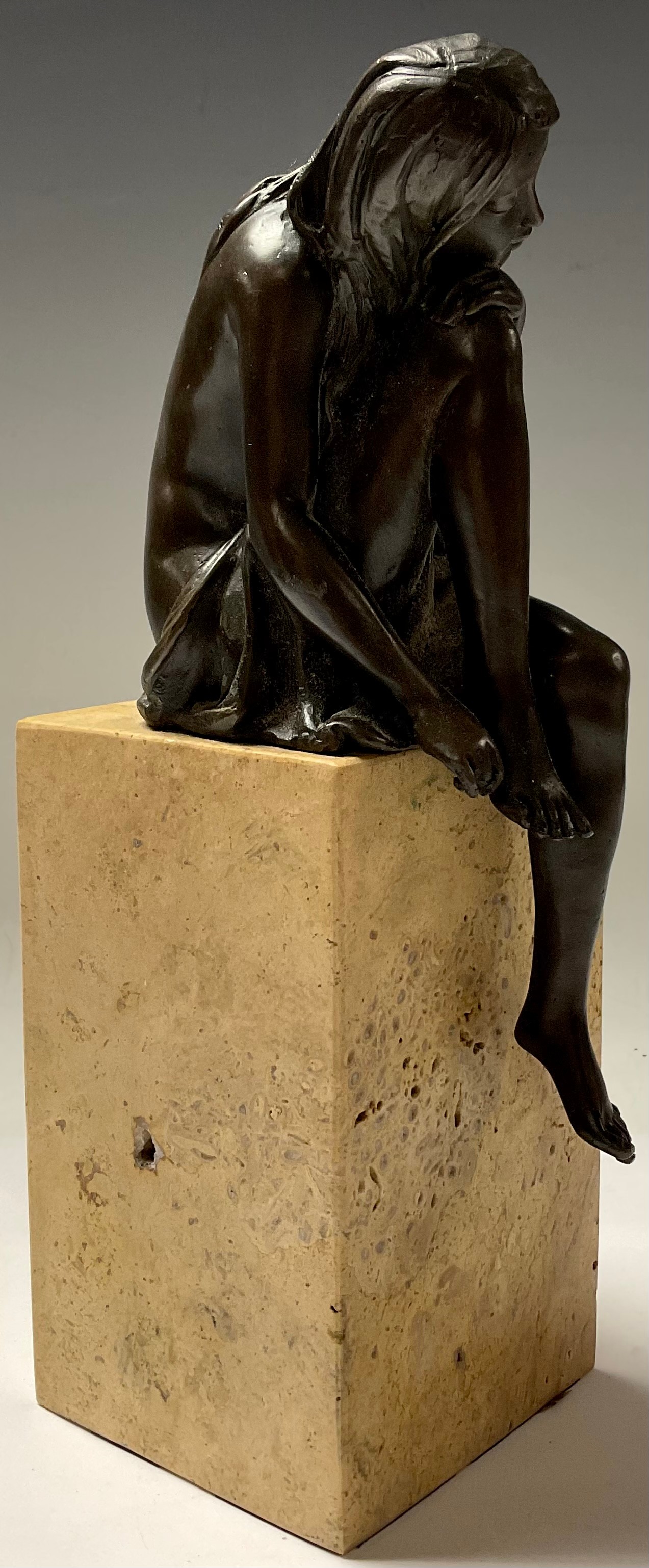A bronze sculpture, of a seated girl, signed Milo, rectangular marble base, 27cm high - Bild 2 aus 4