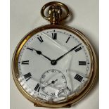 A 9ct gold open face pocket watch, Roman numerals, subsidiary seconds dial, marked 375, long service