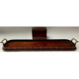 A Georgian mahogany rectangular tea caddy; a mahogany elongated serving tray, inlaid with shell