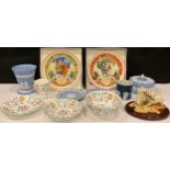 A Minton Haddon Hall pattern vase, sugar bowl, saucers; Wedgwood Jasperware vase, powder bowl and