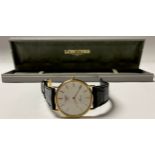 A 9ct gold gentleman's Longines Quartz Presence slimline wristwatch, white dial with baton