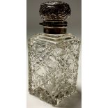 A Victorian silver mounted square scent bottle, Birmingham 1900