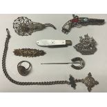 A silver and mother of pearl penknife, Sheffield 1922; marcasite jewellery; etc