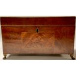 A George III mahogany tea caddy, holly inlay, paw feet