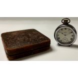 A Smith's pocket watch, push cover case with cylindrical feet, associated box