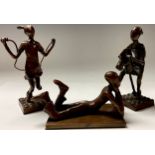 A pair of contemporary bronze sculptures, Girl Skipping and Girl on Hobby Horse, each approx. 17.5cm