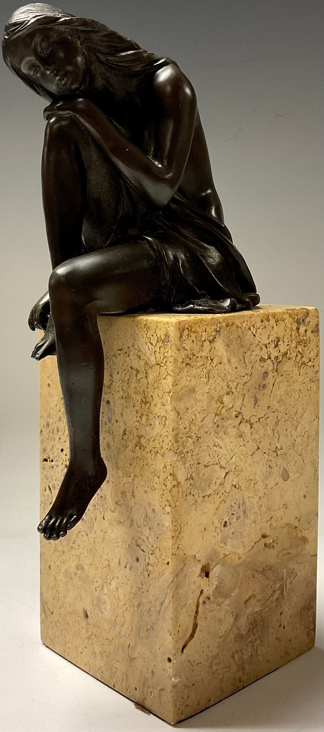 A bronze sculpture, of a seated girl, signed Milo, rectangular marble base, 27cm high - Bild 4 aus 4