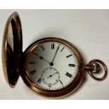 A 9ct rose gold hunter pocket watch, white enamel dial, Roman numerals, subsidiary seconds dial,