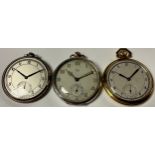 A 1930s open face pocket watch, gold plated case, Arabic numerals, 6cm over winder; two other base