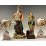 A large Capodimonte figure, of a bearded pipe player; an Art Nouveau figure of a Geisha; a pair of