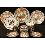 A Royal Crown Derby 2451 pattern sucrier and cover, second quality; a pair of 1128 pattern salt